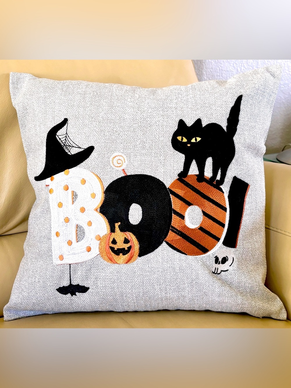 18" Whimsical Embroidered Halloween Boo Black Cat Witch Hat Pillow Cover New